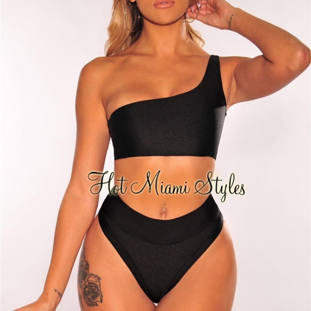 Black Glistening One Shoulder High Waist Bikini